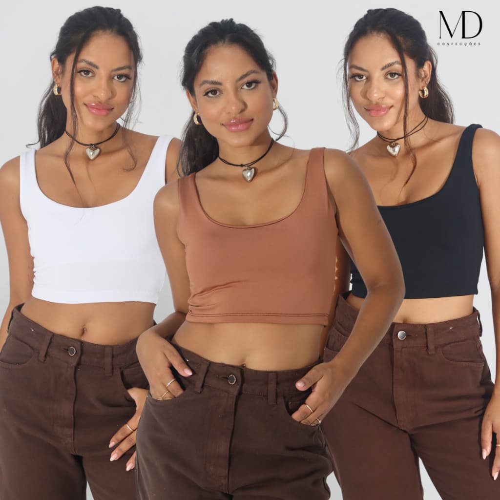 Kit 3 Cropped Feminino Regata Lisa Suplex Forro Duplo Regatinha Casual Verão