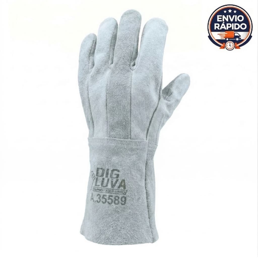 Luva em Raspa Total Couro Soldador Proteção EPI Punho 7cm 15cm 20cm Cano Curto Médio Longo