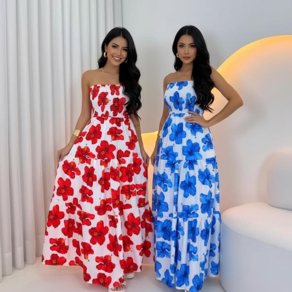 Vestido Longo Feminino Tomara Que Caia Lastex Floral Premium