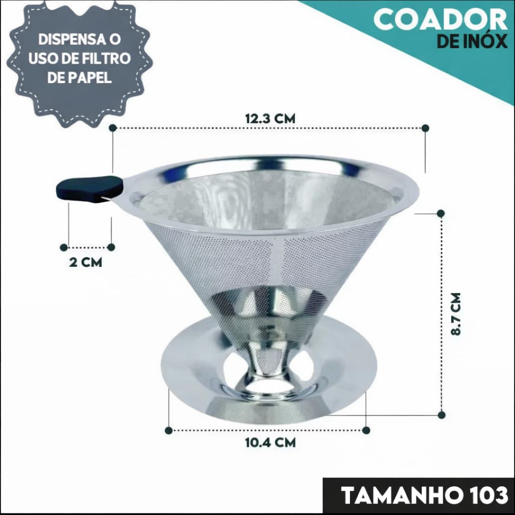 101/102/103 Filtro De Café Coador Inox Reutilizável  - COM a cALÇA DE SILICONE Premium Resistente