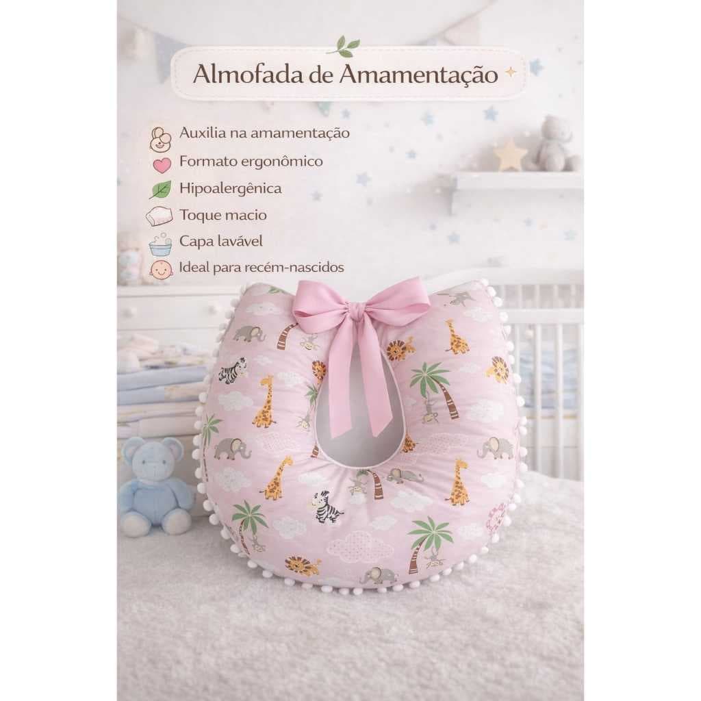 Almofada amamentação anatômica bebê luxo com pompom enxoval ergonômico confortável