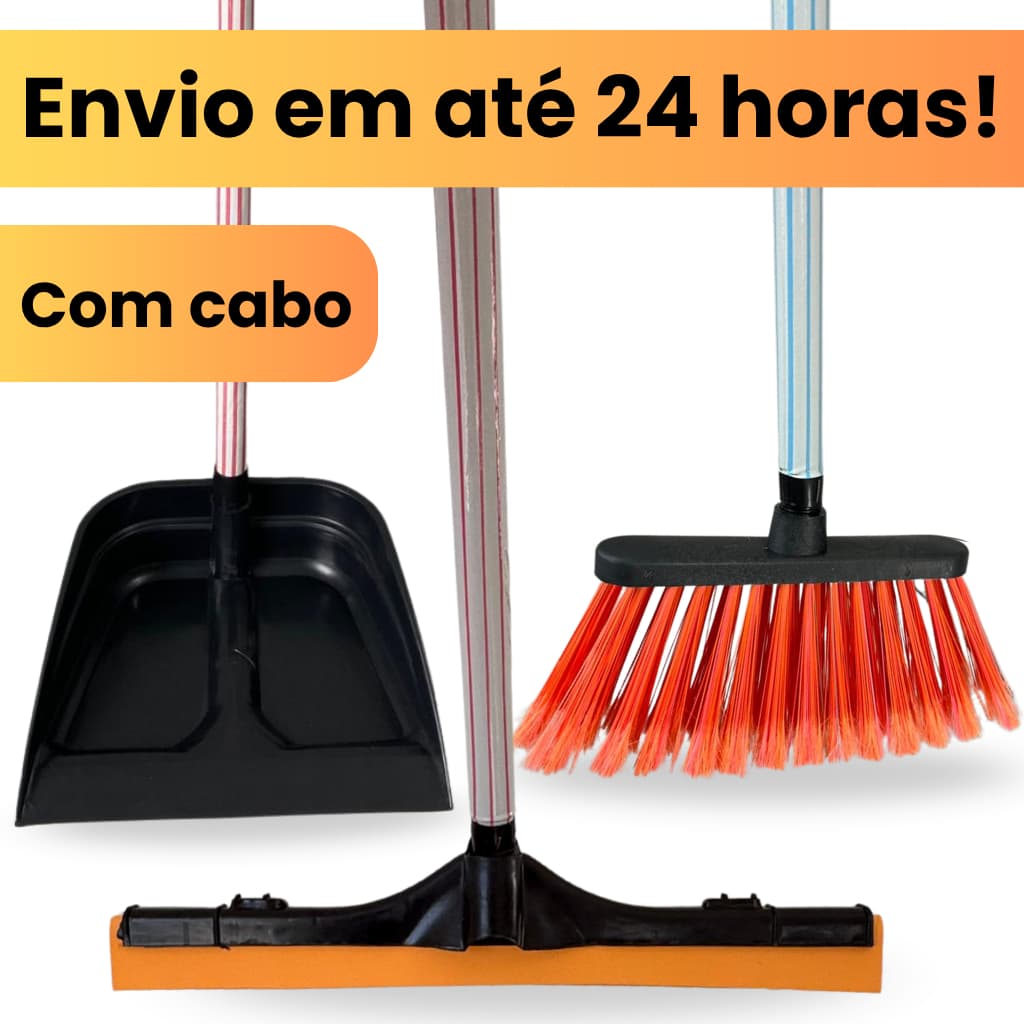 Kit Vassoura Rodo e Pá de Lixo Laranja Completo com cabo - Limpeza Prática Eficiente e sem esforço
