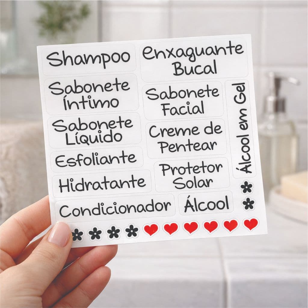 Adesivos para Kit 12 Viagem e Banheiro – Organizador Shampoo, Sabonete e Álcool em gel