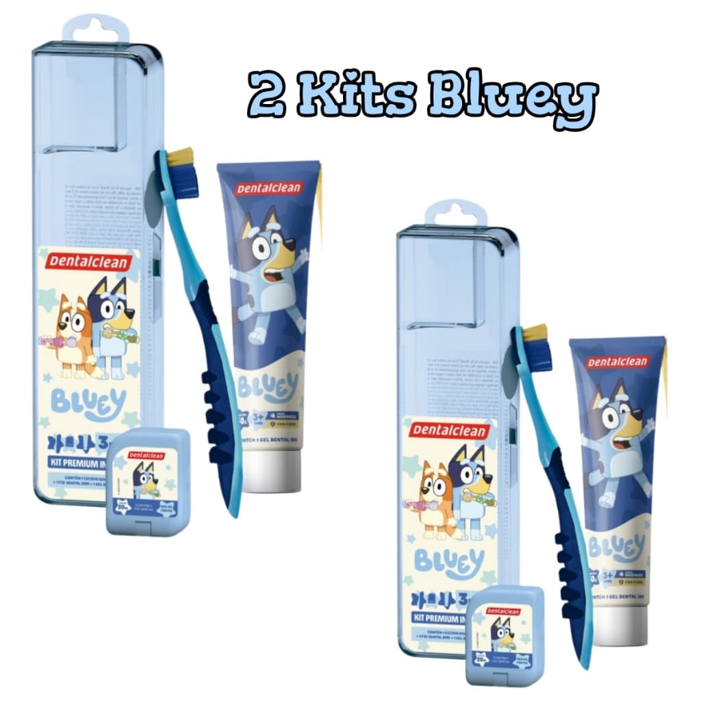 2 Kits infantil Bluey Higiene Dental 3 em 1 Escova de dente + Gel dental + Fio dental