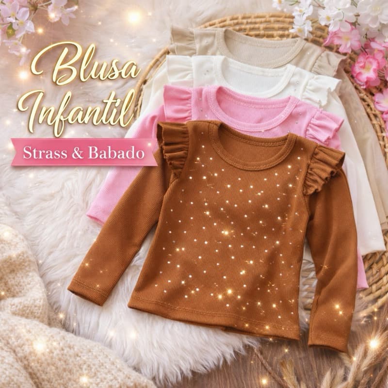 Blusa Infantil Feminina Manga Longa com Brilho Strass Babado Menina Moda Inverno 2 a 10 Anos