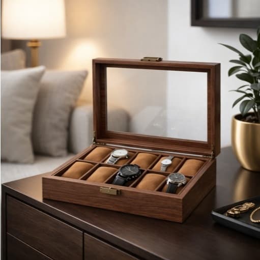 Porta Relógio de Madeira Luxo 3 6 10 Espaços Organizador Caixa com Vidro Porta Joia Premium