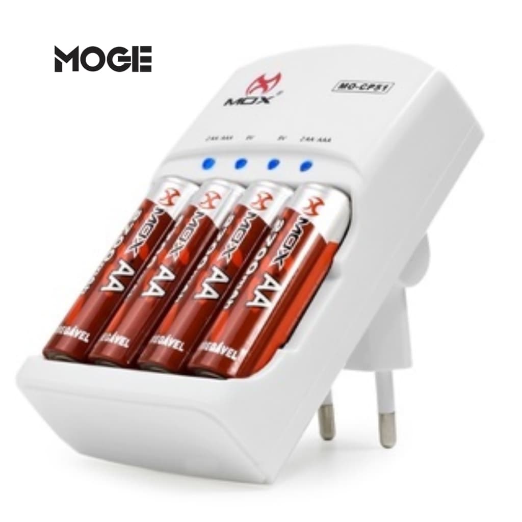 Kit Carregador MOX MO-CP51 + 4 Pilhas AA 2600mAh | Auto Stop Bivolt