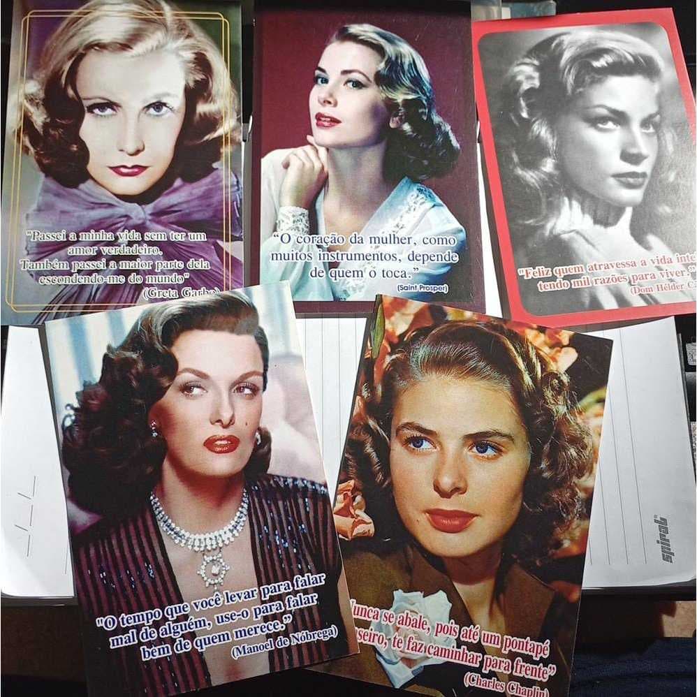 Kit 5 Cartões Postais Ingrid Bergman, Grace Kelly, Lauren Bacall e Jane Russell, Greta Garbo