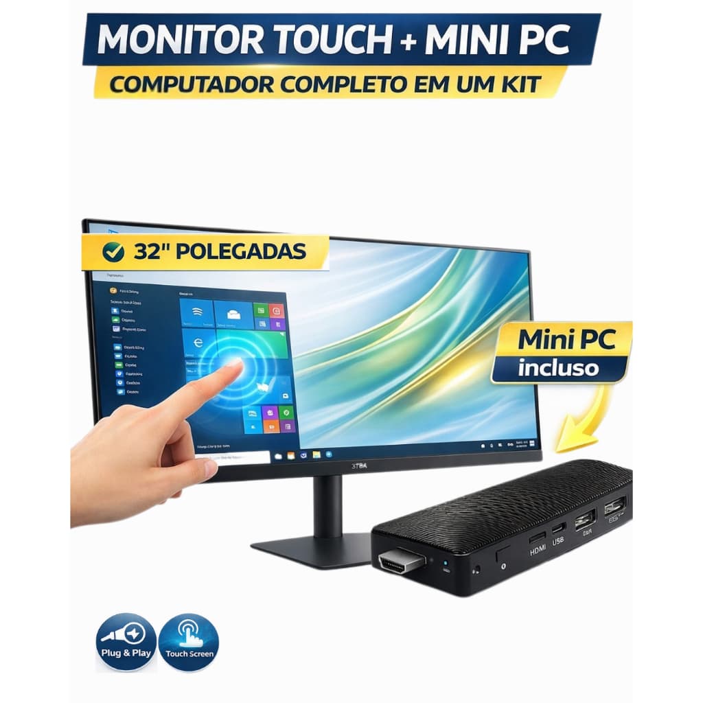 Mini PC Portátil com Monitor 32"  Touchscreen 100Hz Ideal para Home Office e Estudo