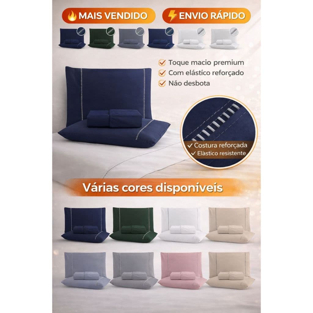 Lencol De Cama Solteiro Casal Queen Fronha 400 Fios Micropercal Flex Toque Macio Ponto Palito