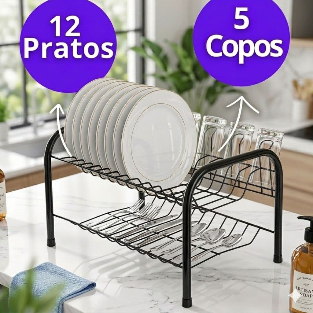 Escorredor de Louça 2 Andares Aço Inox Aramado 12 Pratos 5 Copos com Porta Talheres – Organizador de Pia Cromado Preto