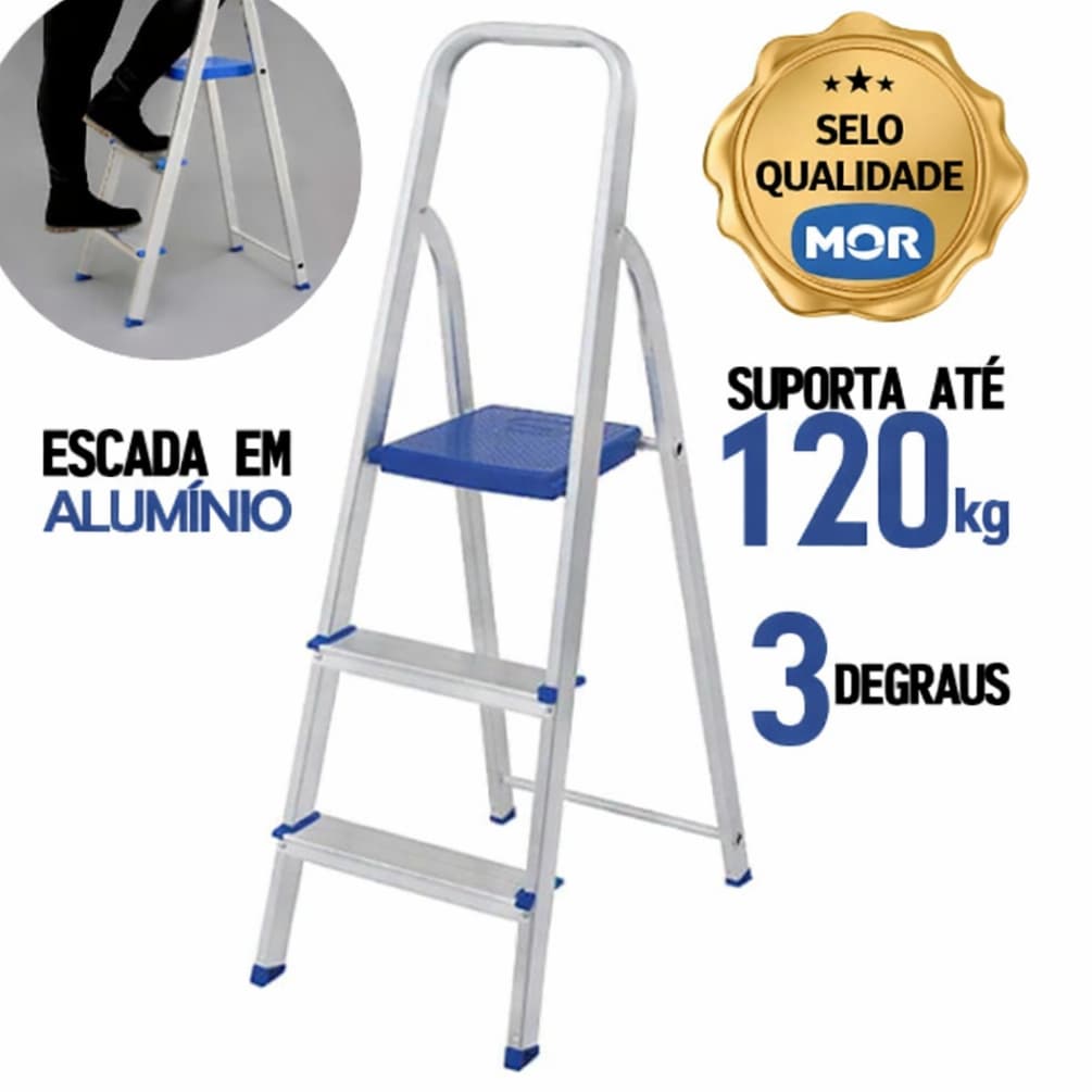 Escada Alumínio 3 Degraus Mor Multiuso Dobrável Reforçada Doméstica Cozinha Lavanderia Prateado e Azul