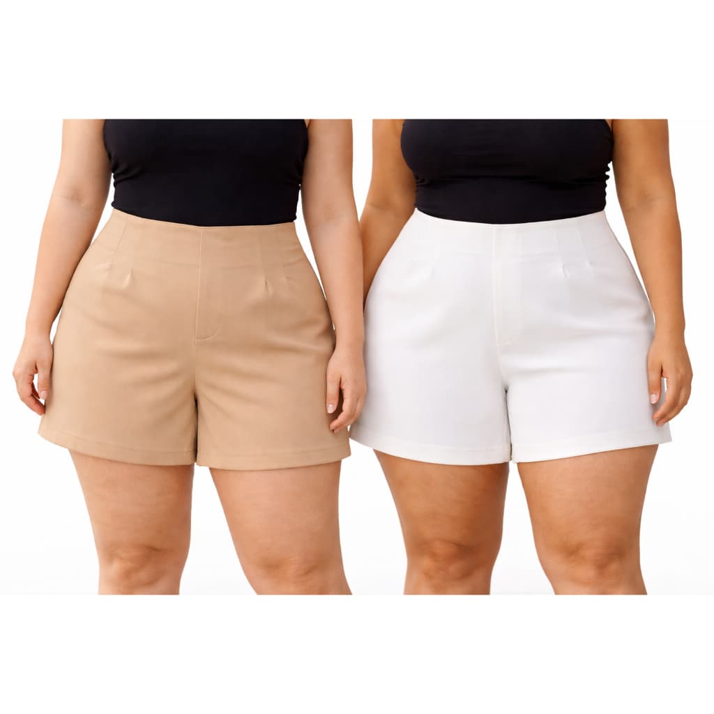 Kit 2 Shorts Feminino Alfaiataria Plus Size Extra Com Elastano Zíper Na Lateral Casual Cintura Alta