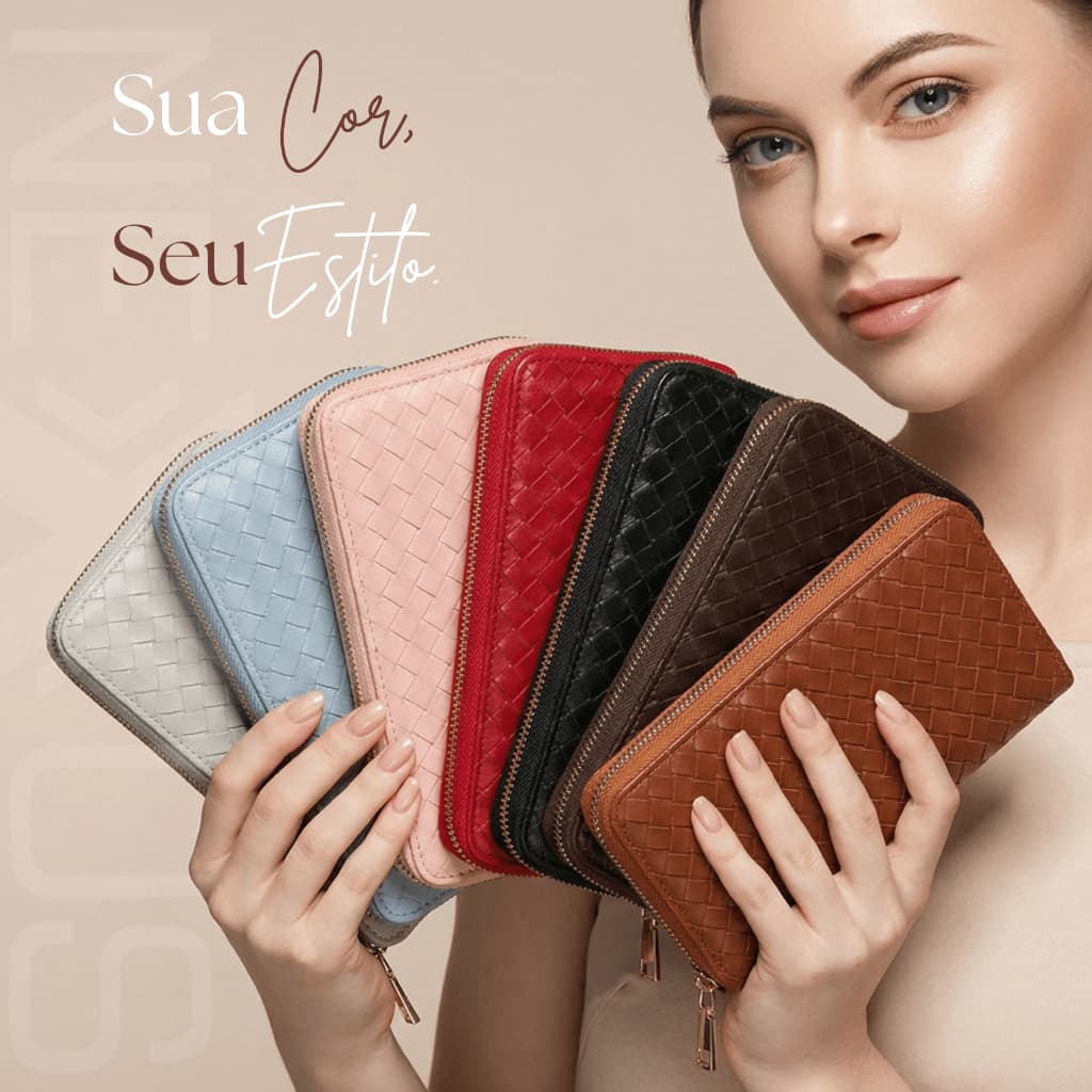 Carteira Feminina Grande Longa Trançada com Zíper Porta Celular Cartões Dinheiro Elegante e Estilosa