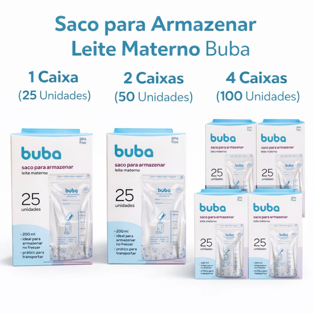 Saco para Armazenar e Congelar Leite Materno Buba Kits 25, 50 ou 100 Unidades Descartável