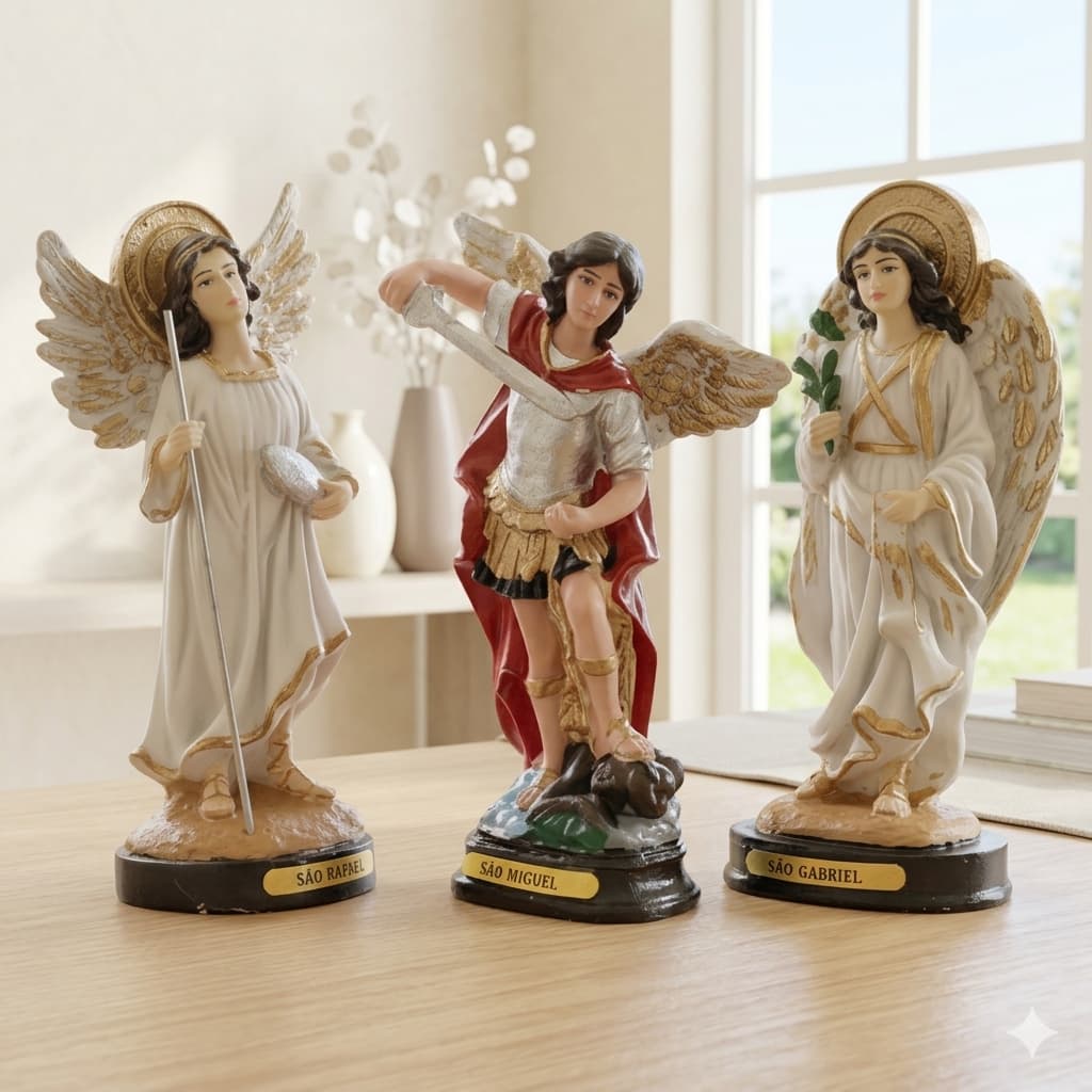 Trio Arcanjos Miguel Rafael e Gabriel Imagem De Resina 15cm Decoração Religiosa