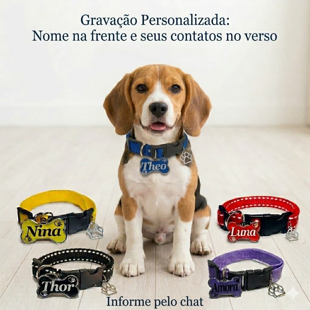 Plaquinha de Identificação com coleira para cães - dados do tutor no verso