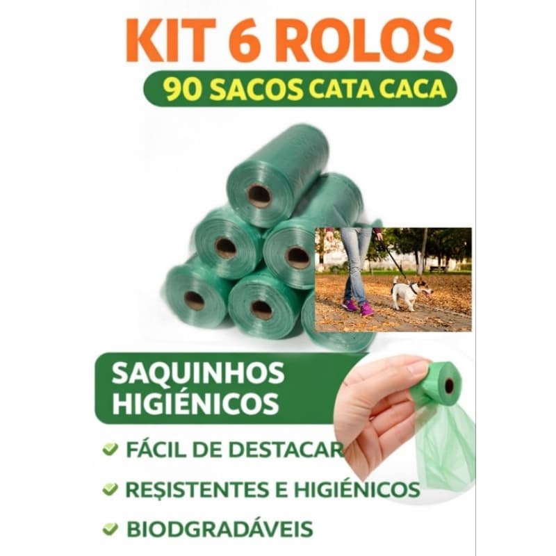 Saquinho Higienico Cata Caca Pet – Kit 6 Rolos (90 Unidades) – Passeio com Cachorro