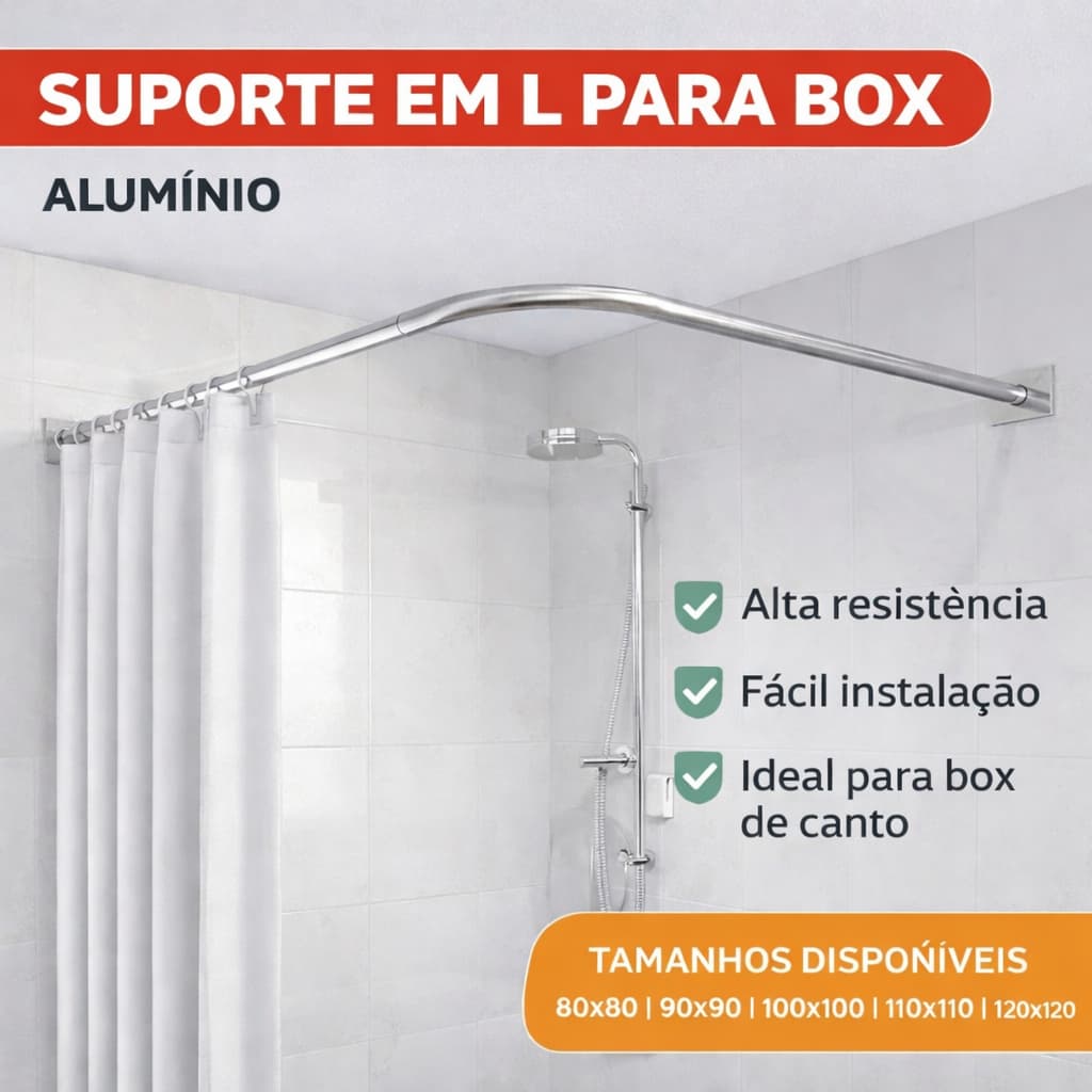Suporte Para Cortina Box Varão em L Banheiro Alumínio Forte Fácil Instalação Vários Tamanhos
