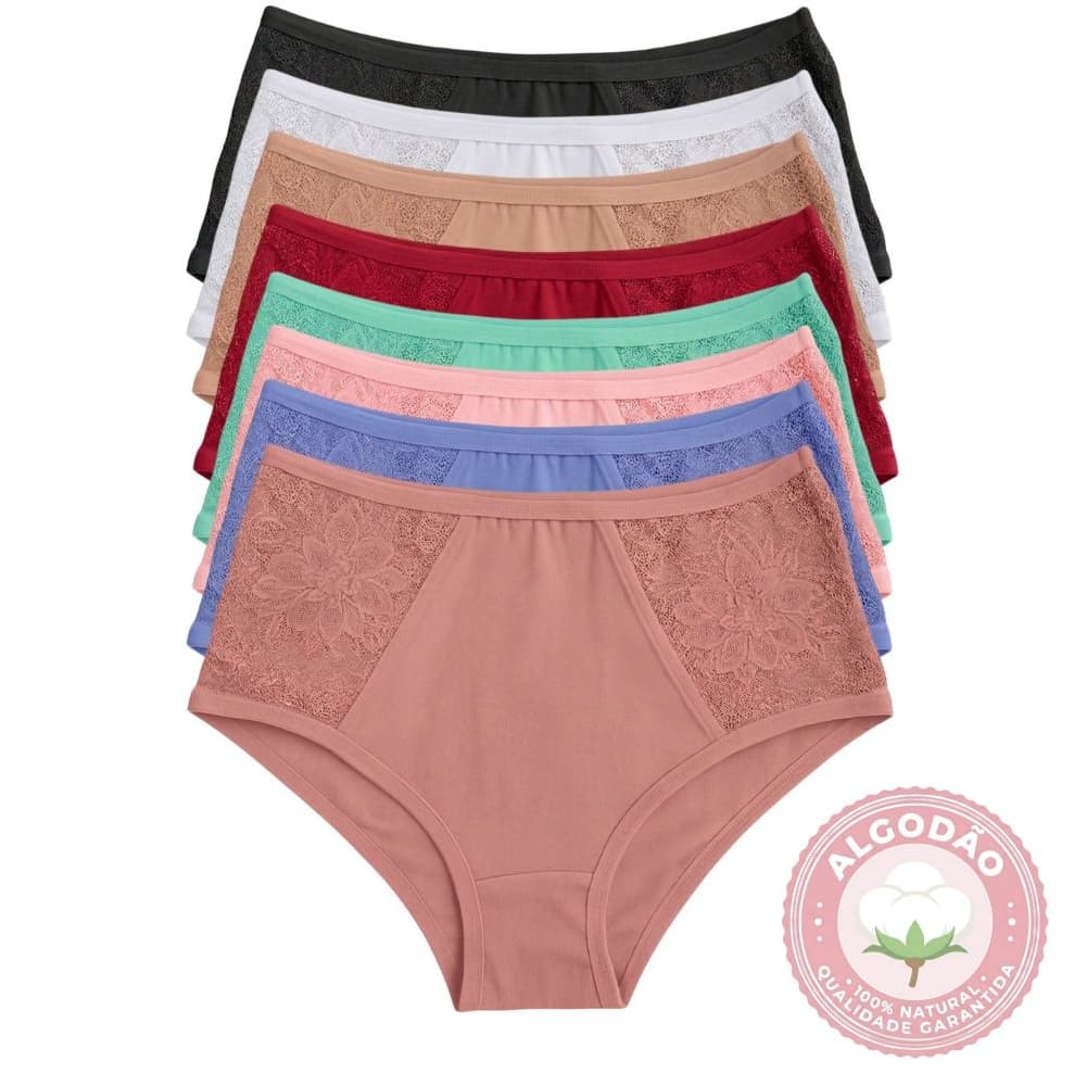 Kit Calcinha Plus Size Algodão Cintura Alta Cós Alto Tangão Senhora C/ Renda