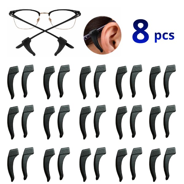 Kit 8 Suporte Para Armação de Óculos Antiderrapante 4 Pares Gancho de Orelha em Silicone Adulto e Infantil Cor Preto