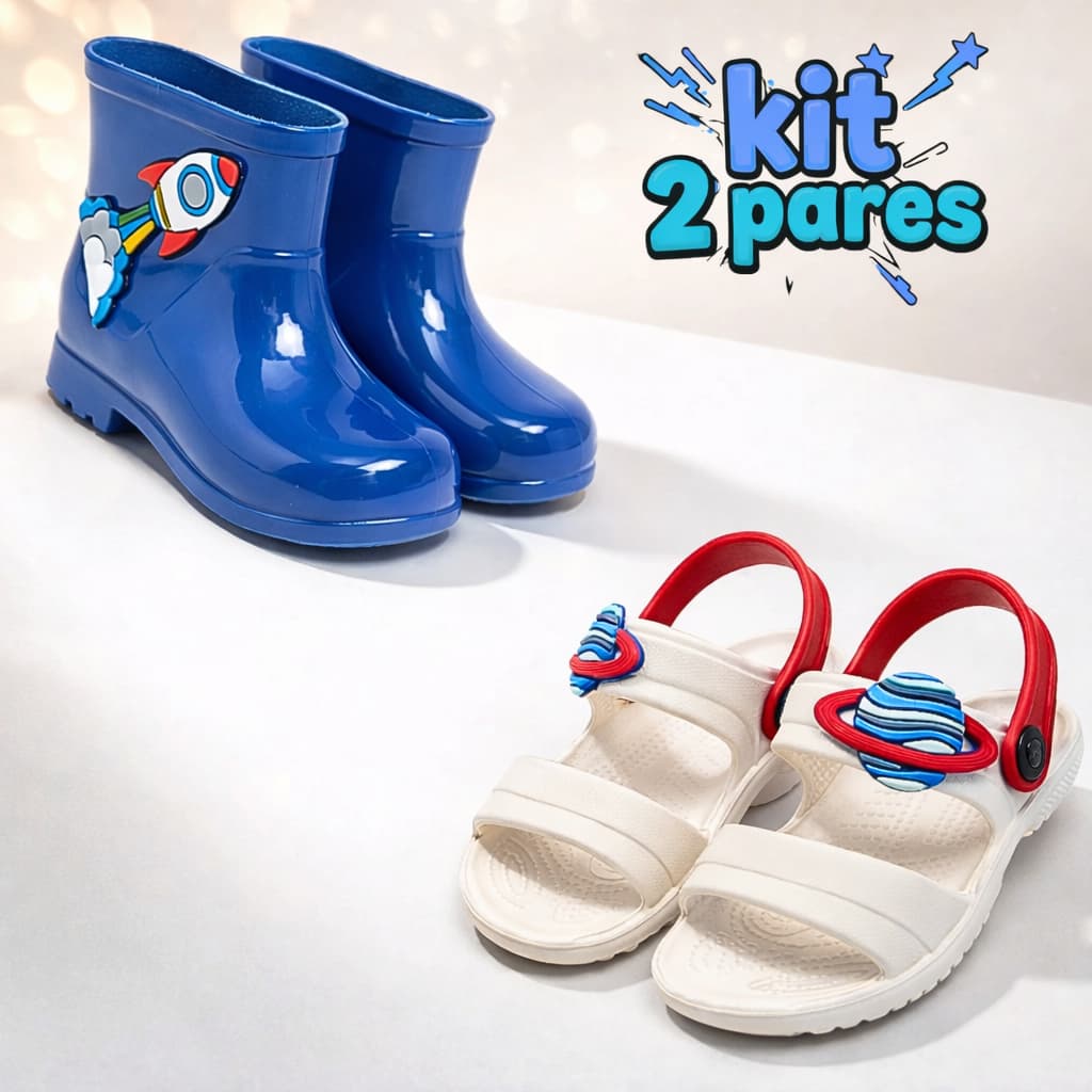 Kit 2 Pares Bota Galocha Infantil Menino e Sandália Babuche Confortável