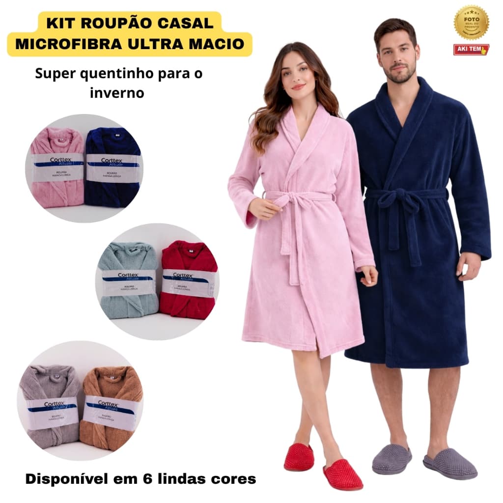 Kit Roupão Casal Presente Plush Microfibra Premium Super Macio e Quentinho Inverno 2 Peças Corttex