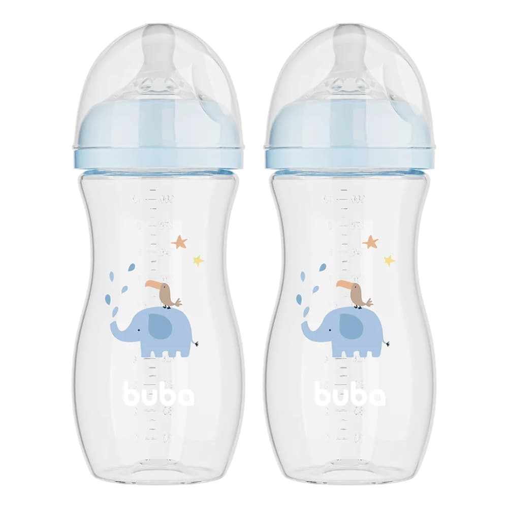 KIT C/ 2 MAMADEIRAS EASY FLOW ELEFANTE AZUL 330ML +4 MESES - BUBA