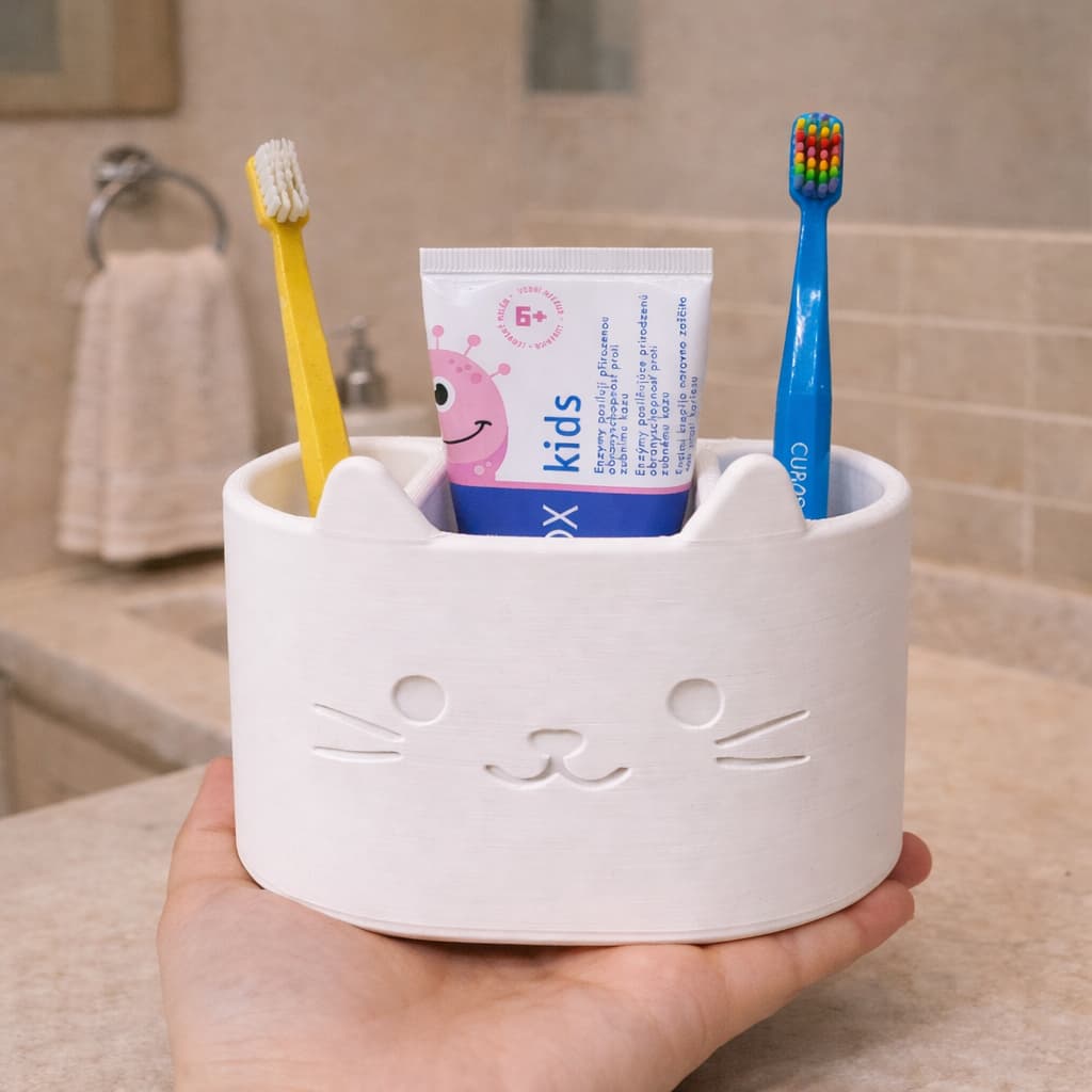 Porta Escova de Dente Gatinho Infantil 3 Compartimentos | Organizador de Bancada para Banheiro