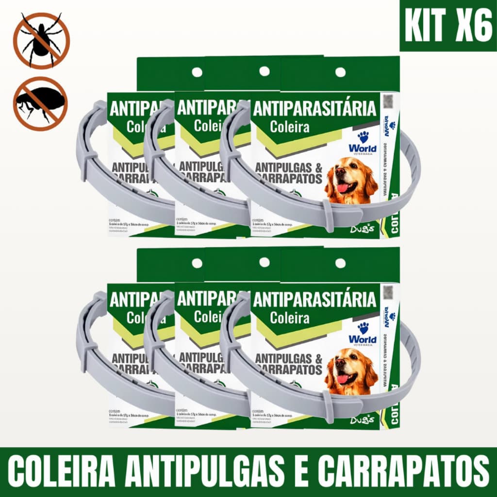 6 Coleiras Antipulgas e Carrapatos Antiparasitária Dugs Para Cães World Veterinária