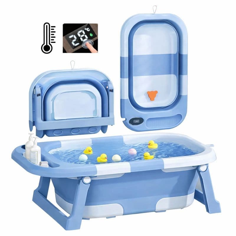 Banheira Bebê Dobrável Portátil Termômetro Segurança Banho Infantil Azul Compacta Viagem Apartamento