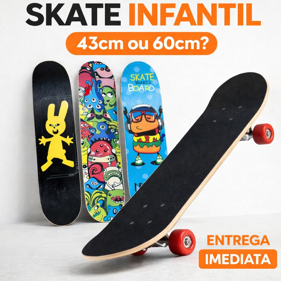 Skate Madeira Infantil Completo Radical 43cm ou 60cm