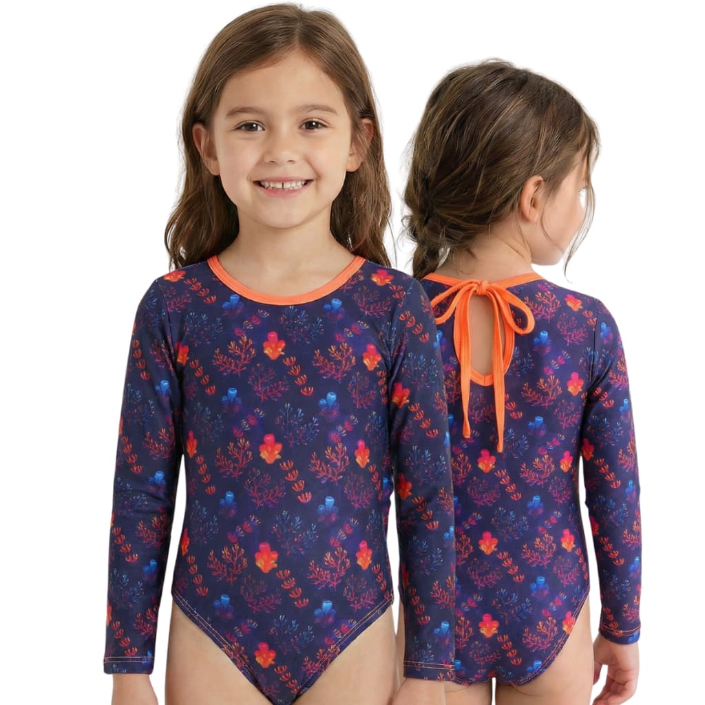 Maiô UV infantil/juvenil manga longa forrado meninas de 2 a 16 anos