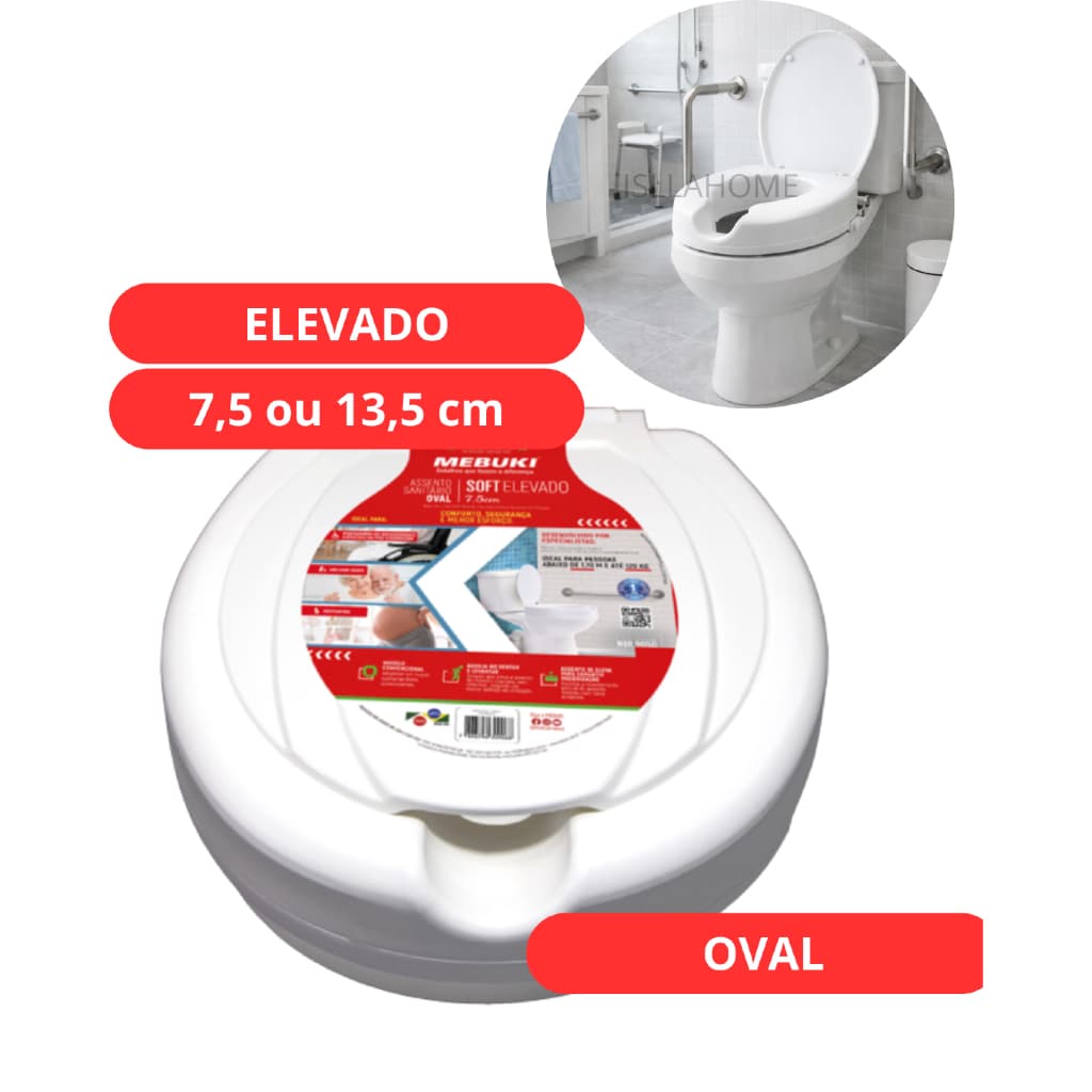 Assento Sanitário Elevado Oval 7,5cm ou 13,5 cm Mebuki - Acessibilidade Idoso Mobilidade Reduzida