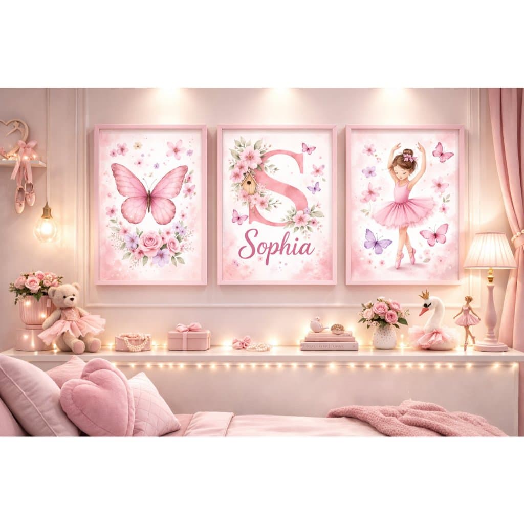 Kit 3 Quadros Decorativos Borboletas Rosa Luxo para Sala Quarto menina bailarina Nome Personalizável
