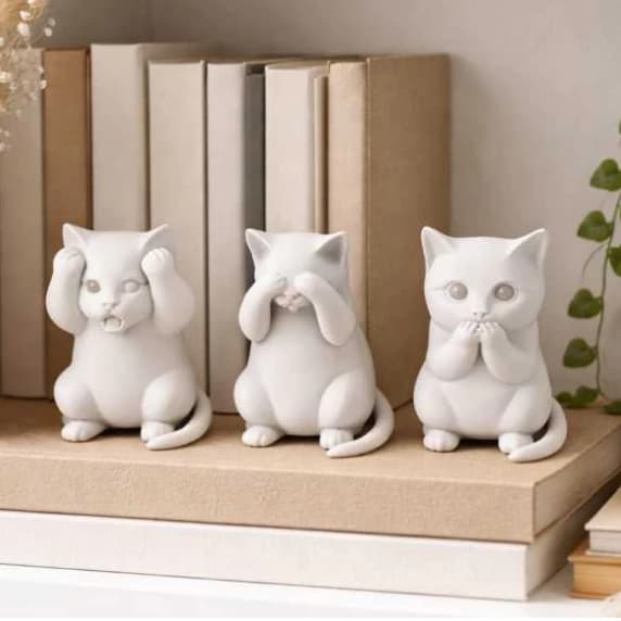Kit 3 Estátuas Gatinhos Decorativos– Gatos Sábios Cego Surdo e Mudo – Enfeite de Prateleira e Escritório, Sala, Quarto