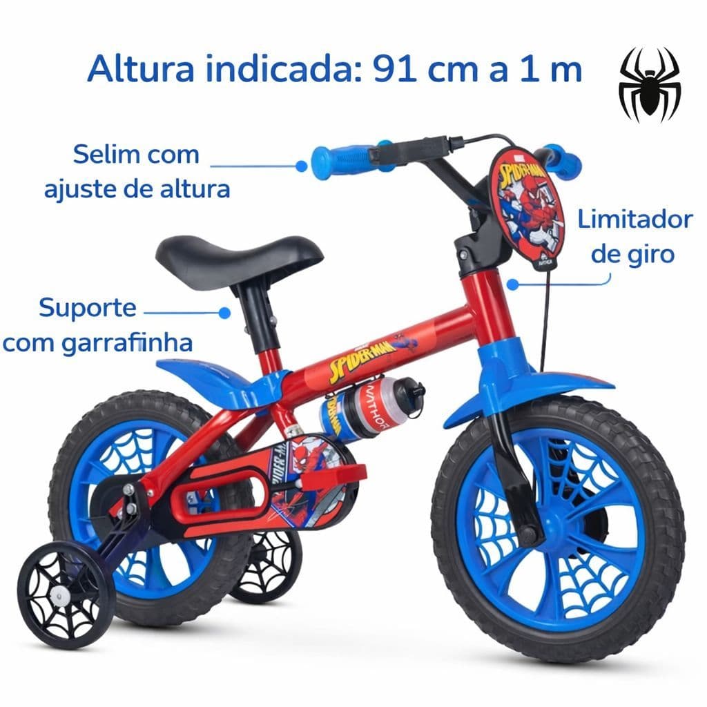 Bicicleta Infantil Aro 12 Homem Aranha Nathor Spider-man Cor Vermelho Azul e Preto