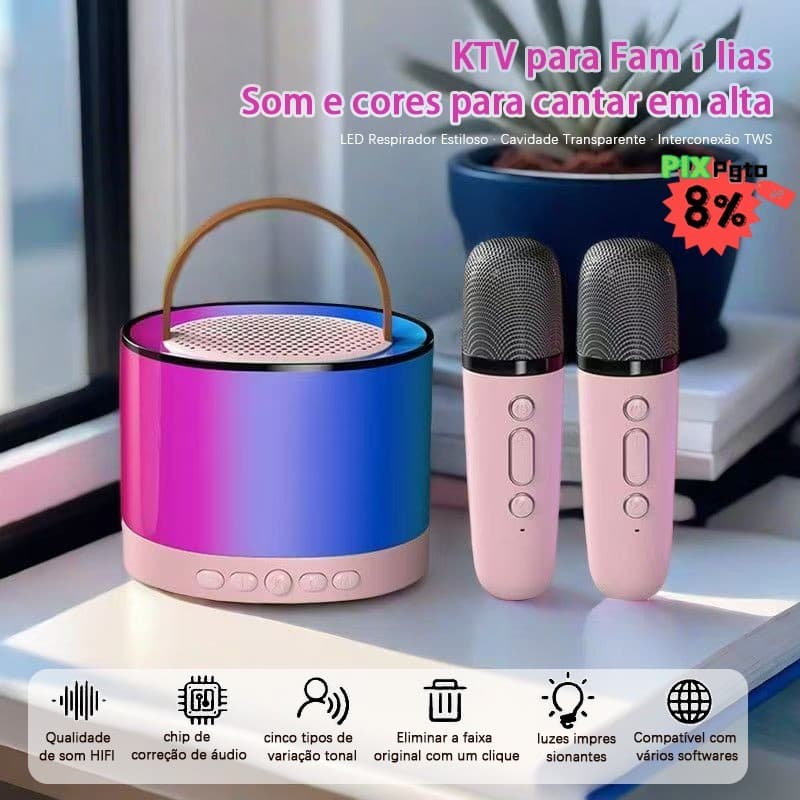 Alto-Falante Bluetooth Karaokê Portátil com Microfones Sem Fio e Luzes LED para Festas em Família