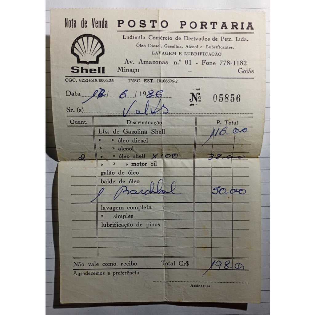 Nota de Venda Antiga – Posto Portaria (Shell) – Minaçu/GO – 1986