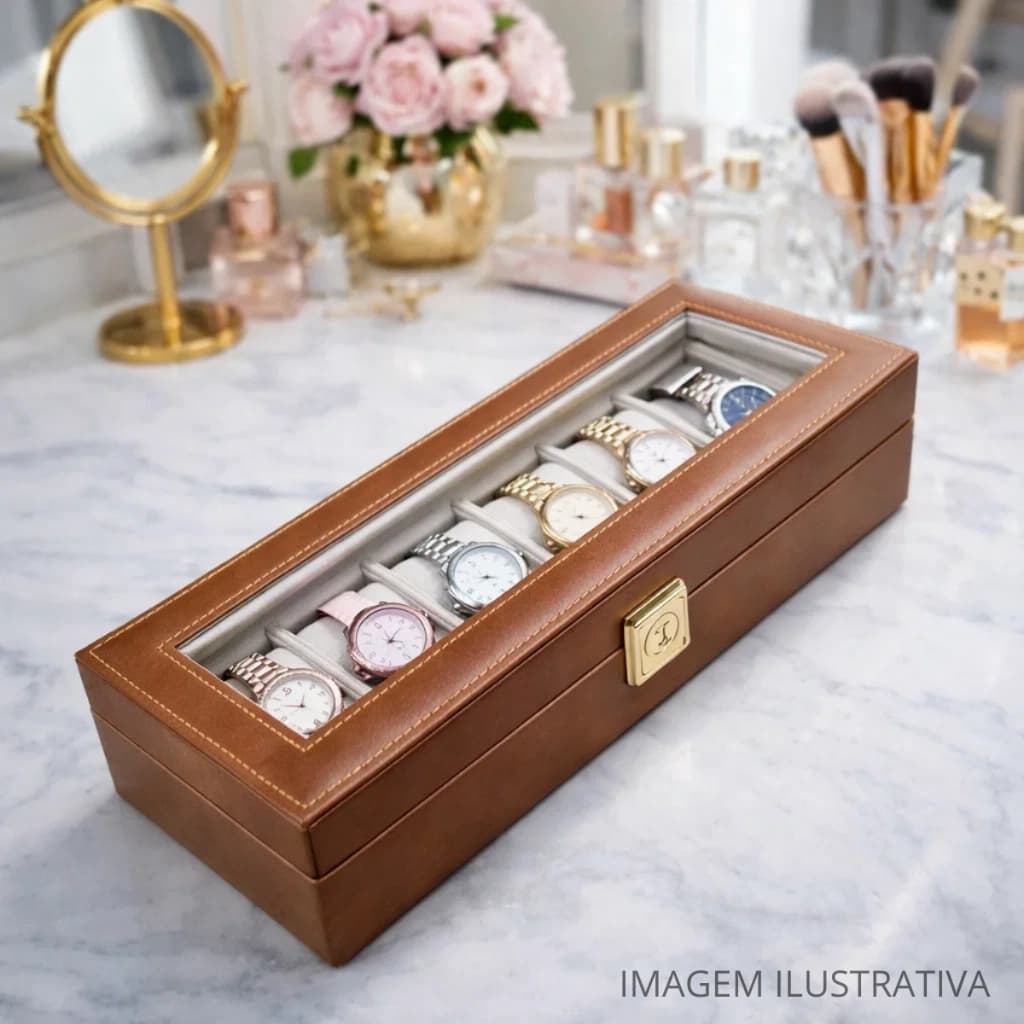 Porta Relógios Organizador Moderno Luxo Para 6 Peças Em Couro Sintético MDF