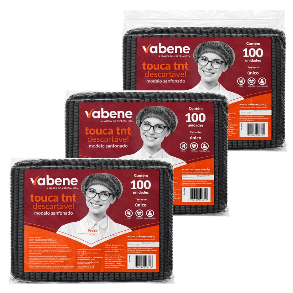 Kit 100 a 300 Toucas Descartáveis TNT Preta Sanfonadas com Elástico Vabene