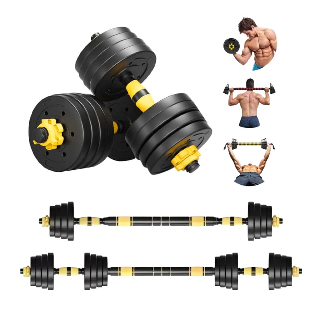 Kit Halteres 3 Em 1 Academia Preto E Amarelo Peso Musculação Ajustável 10,15,20,30kg Segurança e Durabilidade