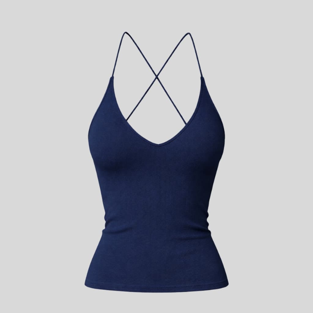 Blusa Feminina Ribana Canelada Alça Fina Decote V Costas Nua X Cruzado Justa Moda Verão Tendência