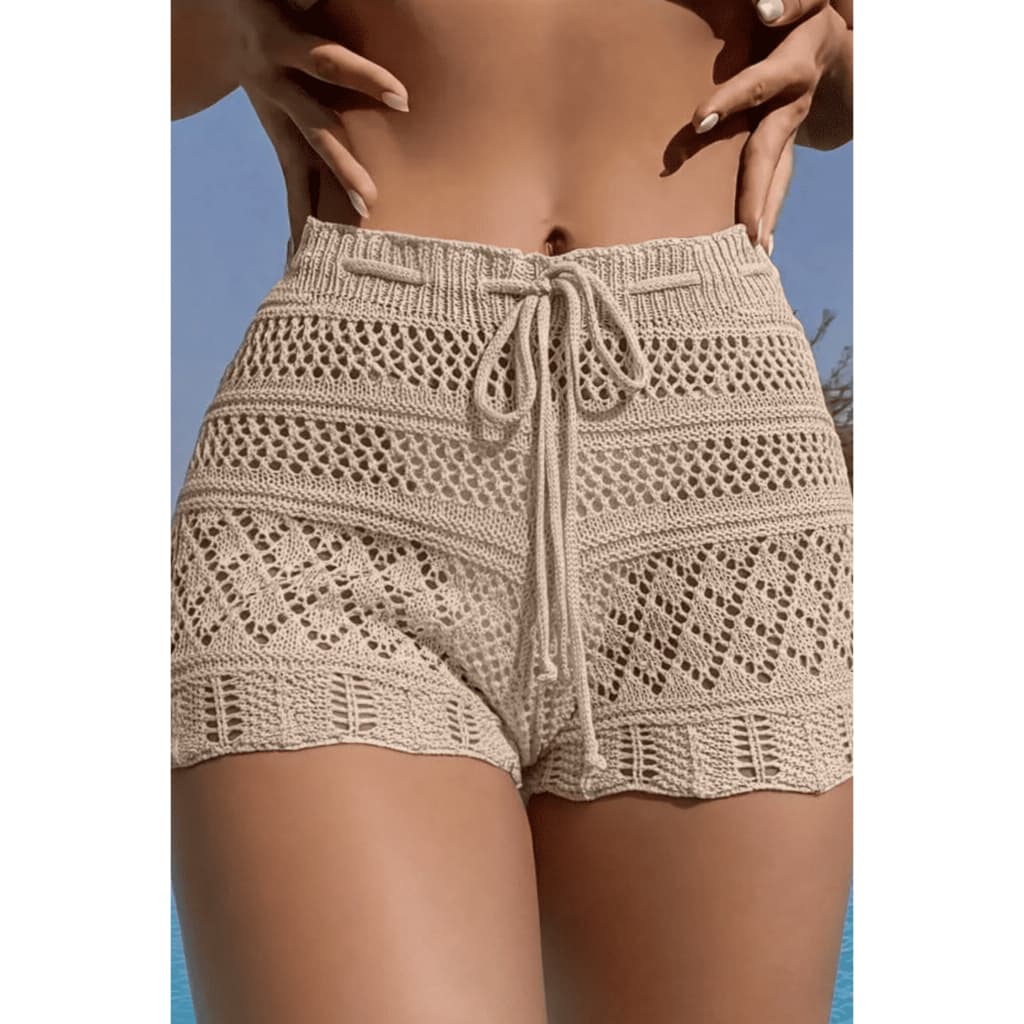 Shorts Saída de Praia Feminino  Tricot Cos Alto Cordão Transpassado Moda Verão