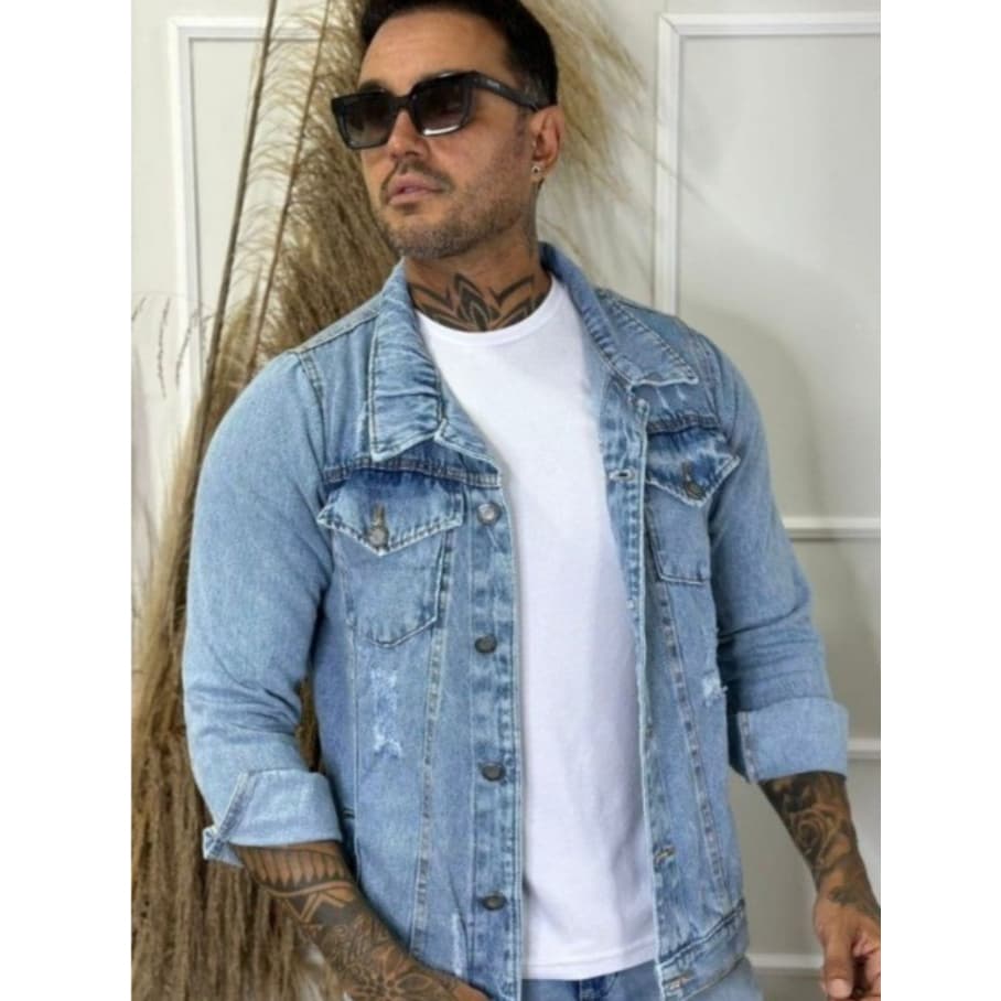 Jaqueta Jeans Masculina com Bolso e Botões na Frente 100% Algodão