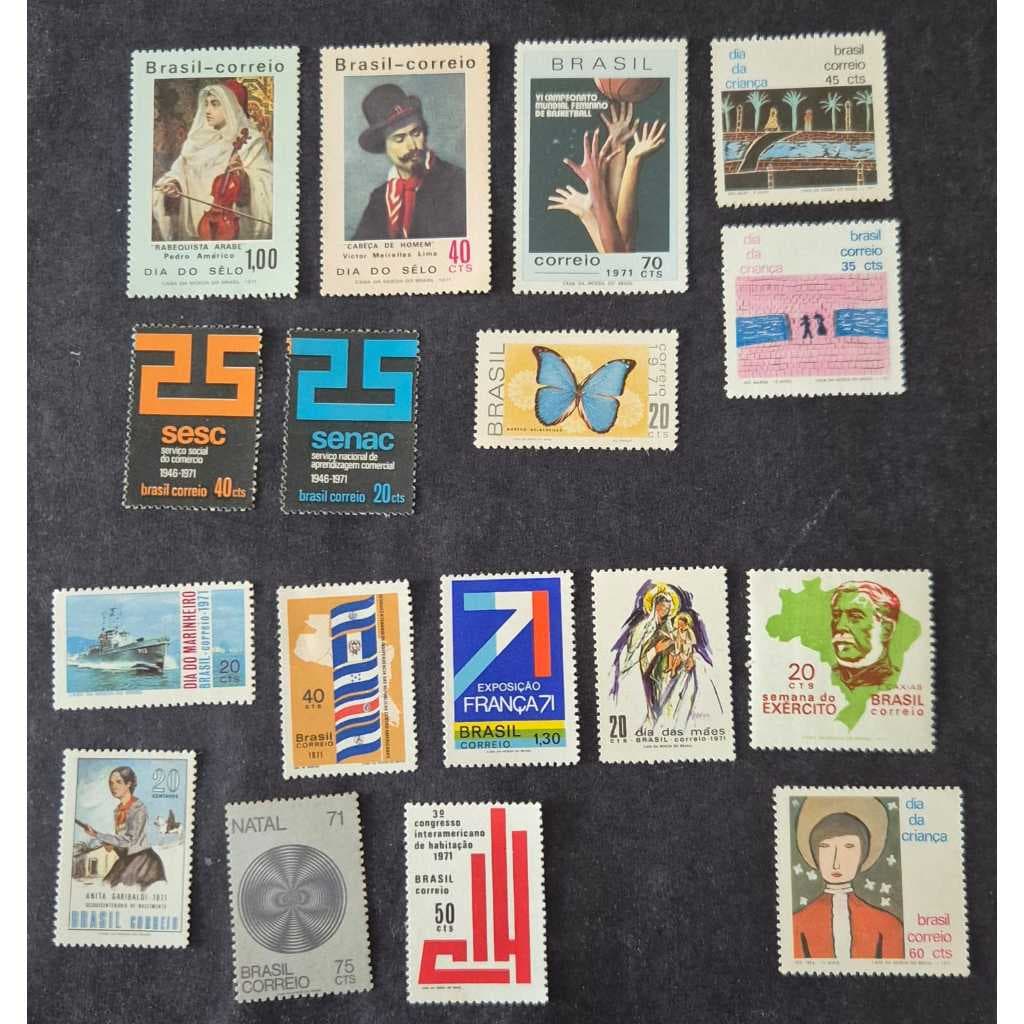 Lote de 17 selos novos dos correios de 1971, lindos exemplares. Filatelia