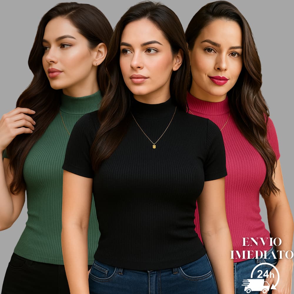 Kit 3 Blusa Canelada Feminina Manga Curta Gola Alta