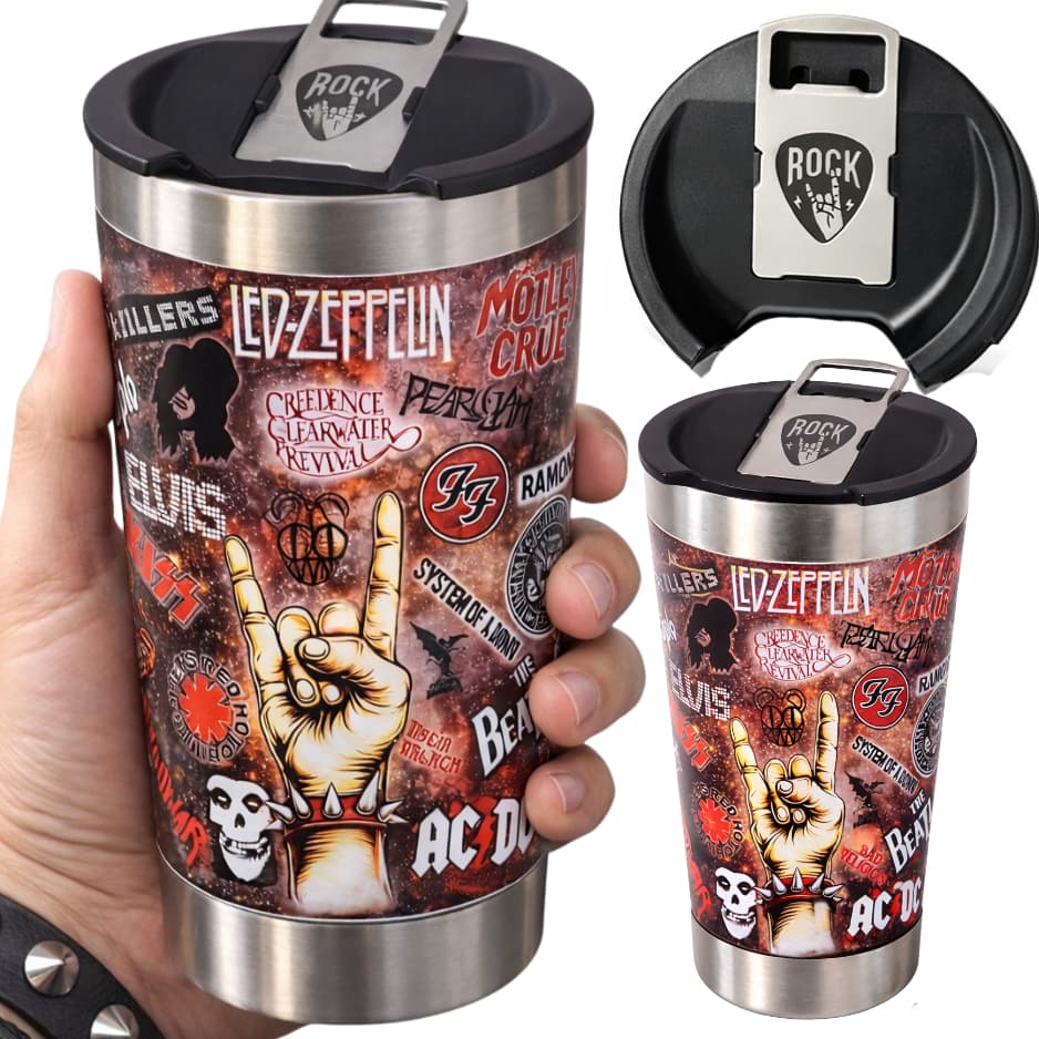 Copo Térmico INOX UV PREMIUM 360° Bandas Beatles Scorpions Metallica Guns n´Roses Kiss Rock in Roll