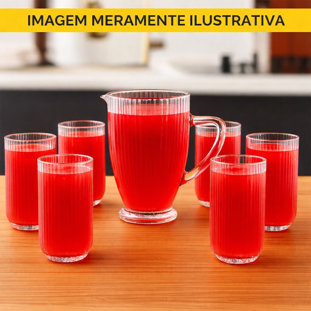 Jarra de Vidro 1Lt Canelada ou 6 Copos 420ml Canelados Vidro Resistente Suco Água Refrescos