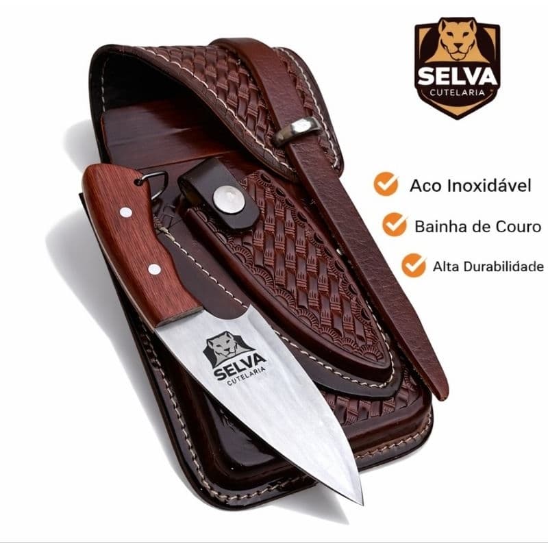 Capa Bainha Celular Couro Legítimo com Faca Campeira Skinner Aço Inox